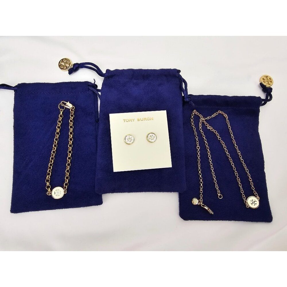 Tory Burch Kira Logo White Enamel Necklace/Bracelet/Earring Matching COMBO
